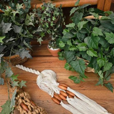 Two Faux plants with two macramé plant hangers
