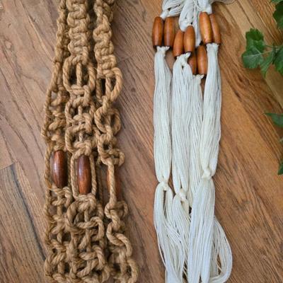 Two Faux plants with two macramé plant hangers