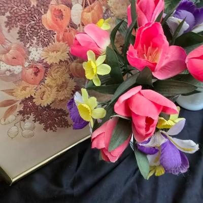 Framed wall art - porcelain flowers - faux flowers - vintage floral plate and more