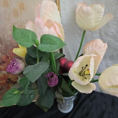 Framed wall art - porcelain flowers - faux flowers - vintage floral plate and more