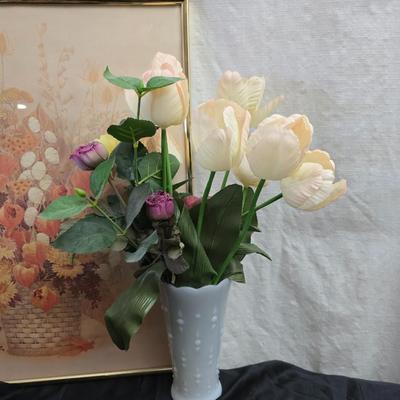 Framed wall art - porcelain flowers - faux flowers - vintage floral plate and more