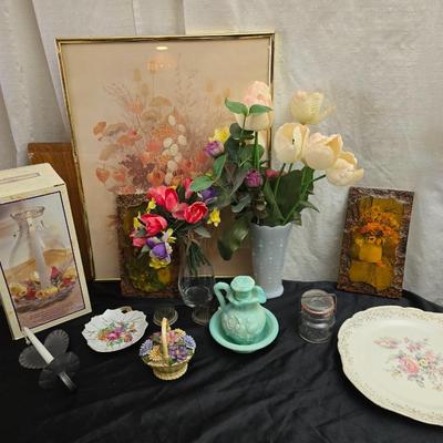 Framed wall art - porcelain flowers - faux flowers - vintage floral plate and more