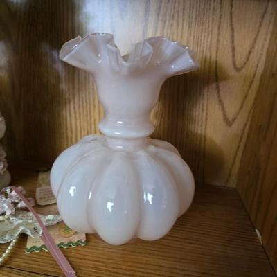 Angel Figurine, Swan, Pink Art blown Glass Vase & Floral Decor