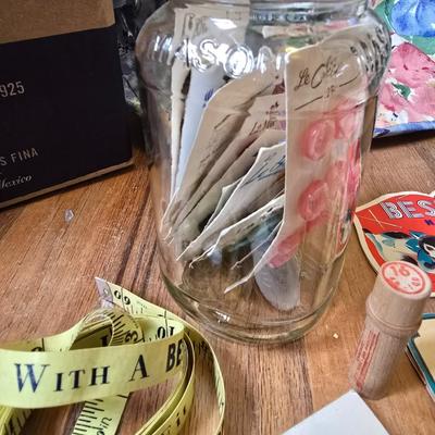 New old stock sewing notions - old needles with neat graphics -zippers - buttons- Vintage 1948 Singer Buttonholer and more
