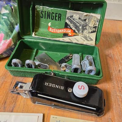 New old stock sewing notions - old needles with neat graphics -zippers - buttons- Vintage 1948 Singer Buttonholer and more
