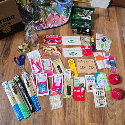 New old stock sewing notions - old needles with neat graphics -zippers - buttons- Vintage 1948 Singer Buttonholer and more