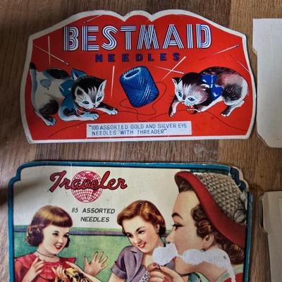 New old stock sewing notions - old needles with neat graphics -zippers - buttons- Vintage 1948 Singer Buttonholer and more