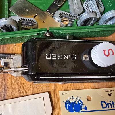 New old stock sewing notions - old needles with neat graphics -zippers - buttons- Vintage 1948 Singer Buttonholer and more