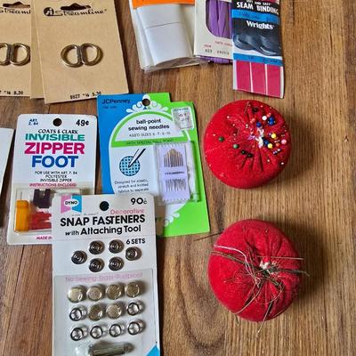 New old stock sewing notions - old needles with neat graphics -zippers - buttons- Vintage 1948 Singer Buttonholer and more
