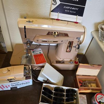 Singer Slant-o-Matic 503 special Sewing machine and Buttonholer and other accessories