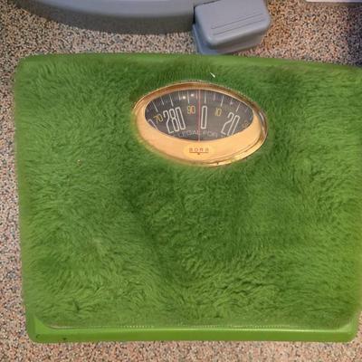 vintage green furry Bath Scale, Adult diaper disposal system, Reassure pads - and wipes