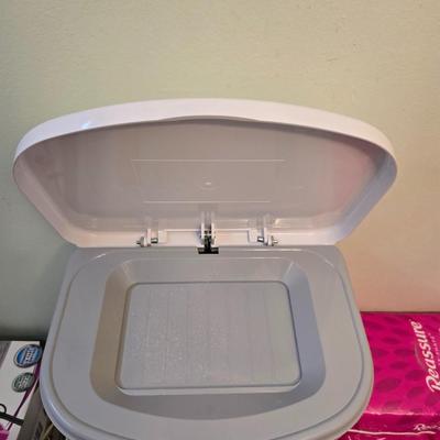 vintage green furry Bath Scale, Adult diaper disposal system, Reassure pads - and wipes