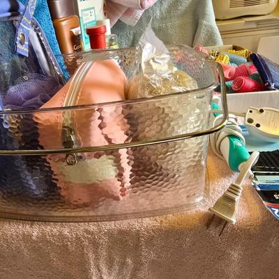 Bath robe, hair curlers, assortment of beauty liquids, brand new bath towel and two other nice towels
