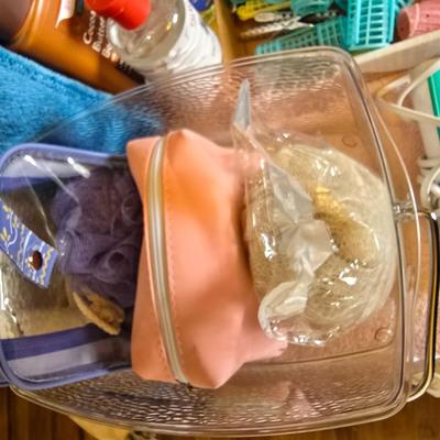 Bath robe, hair curlers, assortment of beauty liquids, brand new bath towel and two other nice towels