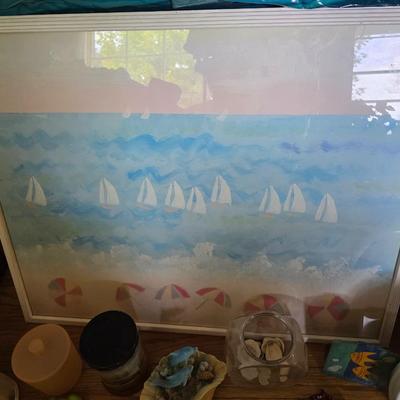 Ocean inspired Bathroom Decor - sailboat wall art - palm tree shower curtain and more