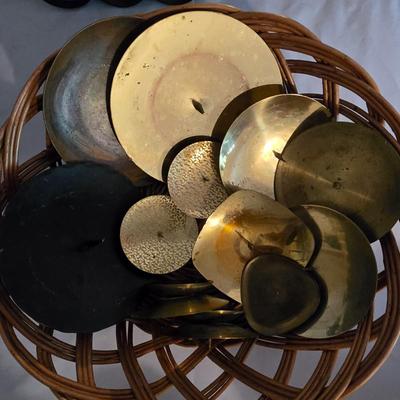 LOT 5: Black Scroll Mirror, Carved Pillar Candles, and Assorted Candle Holders in Basket