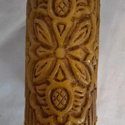 LOT 5: Black Scroll Mirror, Carved Pillar Candles, and Assorted Candle Holders in Basket