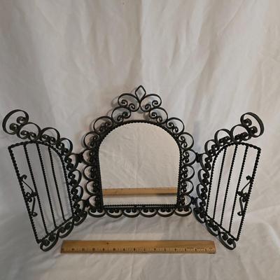 LOT 5: Black Scroll Mirror, Carved Pillar Candles, and Assorted Candle Holders in Basket