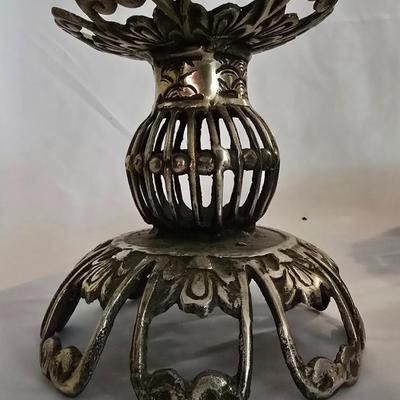 LOT 5: Black Scroll Mirror, Carved Pillar Candles, and Assorted Candle Holders in Basket