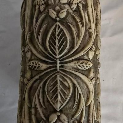 LOT 5: Black Scroll Mirror, Carved Pillar Candles, and Assorted Candle Holders in Basket