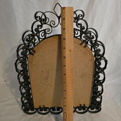 LOT 5: Black Scroll Mirror, Carved Pillar Candles, and Assorted Candle Holders in Basket