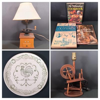 LOT 46: Primitive Style Coffee Grinder and Spinning Wheel Lamps, Cornucopia Basket, Williamsburg Books & More