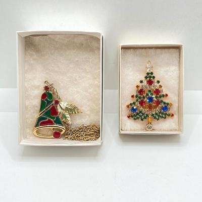 LOT 73: "Bejeweled Collection" by Department 56 Christmas Tree Box with Holiday Necklace and Pin