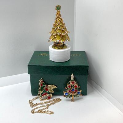 LOT 73: "Bejeweled Collection" by Department 56 Christmas Tree Box with Holiday Necklace and Pin