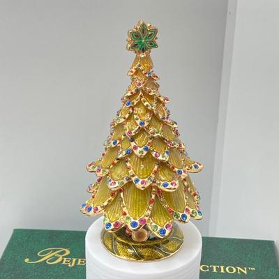 LOT 73: "Bejeweled Collection" by Department 56 Christmas Tree Box with Holiday Necklace and Pin
