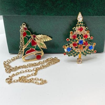 LOT 73: "Bejeweled Collection" by Department 56 Christmas Tree Box with Holiday Necklace and Pin