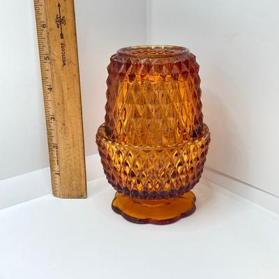 LOT 75: Vintage Diamond Point Amber Glass Fairy Lamp / Light