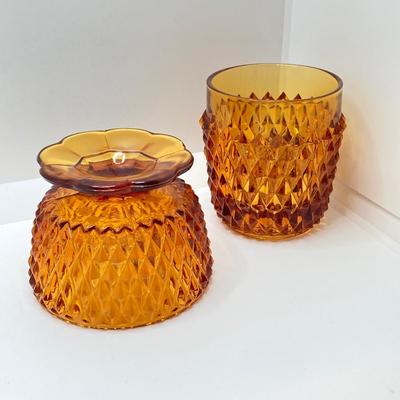 LOT 75: Vintage Diamond Point Amber Glass Fairy Lamp / Light