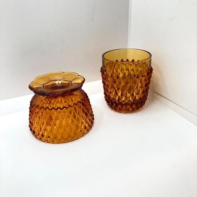 LOT 75: Vintage Diamond Point Amber Glass Fairy Lamp / Light