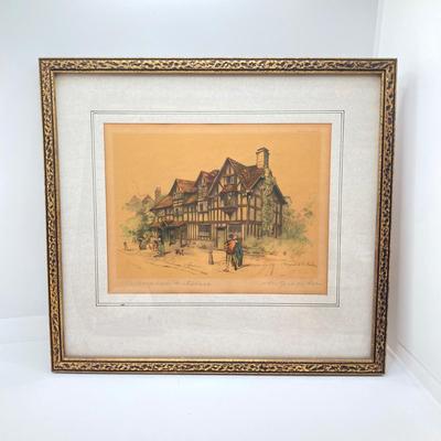 LOT 76: Vintage Copyright Stamped Framed Artwork - Shakespeare's Birthplace "Stratford on Avon", "The Bridge"...