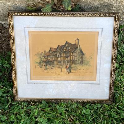 LOT 76: Vintage Copyright Stamped Framed Artwork - Shakespeare's Birthplace "Stratford on Avon", "The Bridge"...