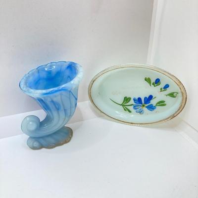 LOT 77: Slag Glass Miniature Cornucopia, Coney Island, N.Y. Souvenir Trinket Dish with Vintage Handkerchiefs