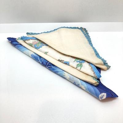 LOT 77: Slag Glass Miniature Cornucopia, Coney Island, N.Y. Souvenir Trinket Dish with Vintage Handkerchiefs
