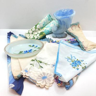 LOT 77: Slag Glass Miniature Cornucopia, Coney Island, N.Y. Souvenir Trinket Dish with Vintage Handkerchiefs