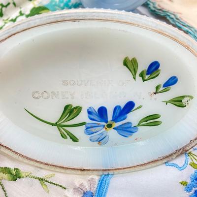 LOT 77: Slag Glass Miniature Cornucopia, Coney Island, N.Y. Souvenir Trinket Dish with Vintage Handkerchiefs