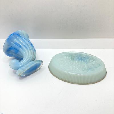 LOT 77: Slag Glass Miniature Cornucopia, Coney Island, N.Y. Souvenir Trinket Dish with Vintage Handkerchiefs