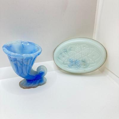 LOT 77: Slag Glass Miniature Cornucopia, Coney Island, N.Y. Souvenir Trinket Dish with Vintage Handkerchiefs