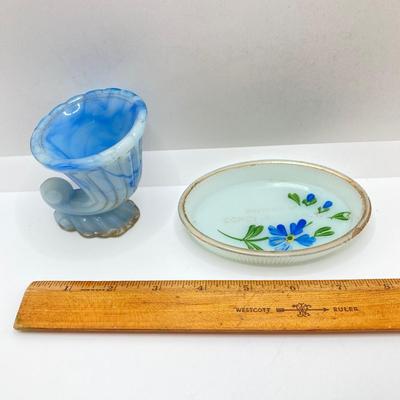 LOT 77: Slag Glass Miniature Cornucopia, Coney Island, N.Y. Souvenir Trinket Dish with Vintage Handkerchiefs