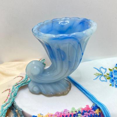 LOT 77: Slag Glass Miniature Cornucopia, Coney Island, N.Y. Souvenir Trinket Dish with Vintage Handkerchiefs