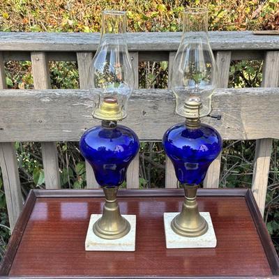 LOT 82: Beautiful Colbalt Blue Lamps on Marble Bases