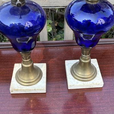 LOT 82: Beautiful Colbalt Blue Lamps on Marble Bases