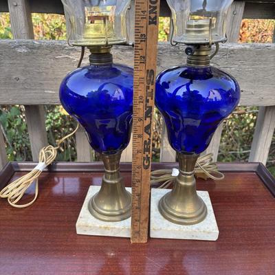 LOT 82: Beautiful Colbalt Blue Lamps on Marble Bases