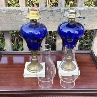 LOT 82: Beautiful Colbalt Blue Lamps on Marble Bases