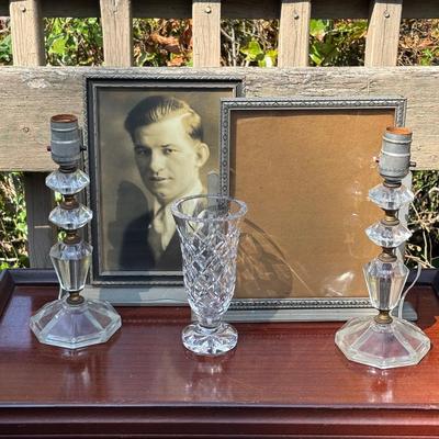 LOT 83: Vintage Crystal Boudoir Table Lamps. Antique Swivel Frames and a Crystal Vase
