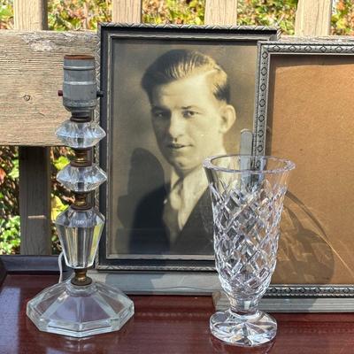 LOT 83: Vintage Crystal Boudoir Table Lamps. Antique Swivel Frames and a Crystal Vase