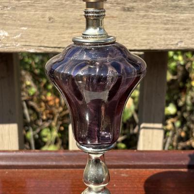 LOT 84: Vintage Amethyst Purple Lamp w/Marble Base, MCM Pick Lamp w/Shade & Vintage Ribbon Art